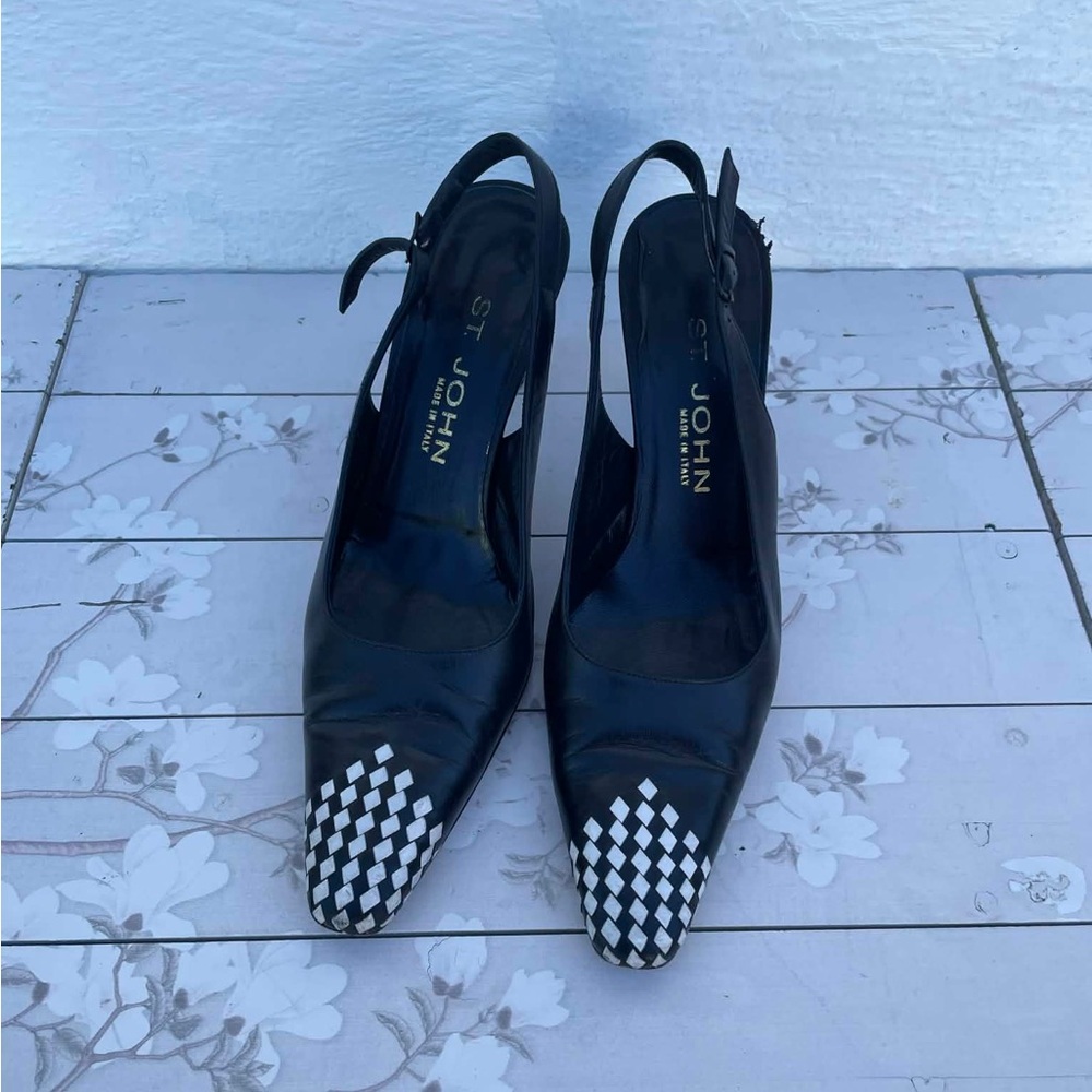 St. John Black and White Checkered Slingback Heels